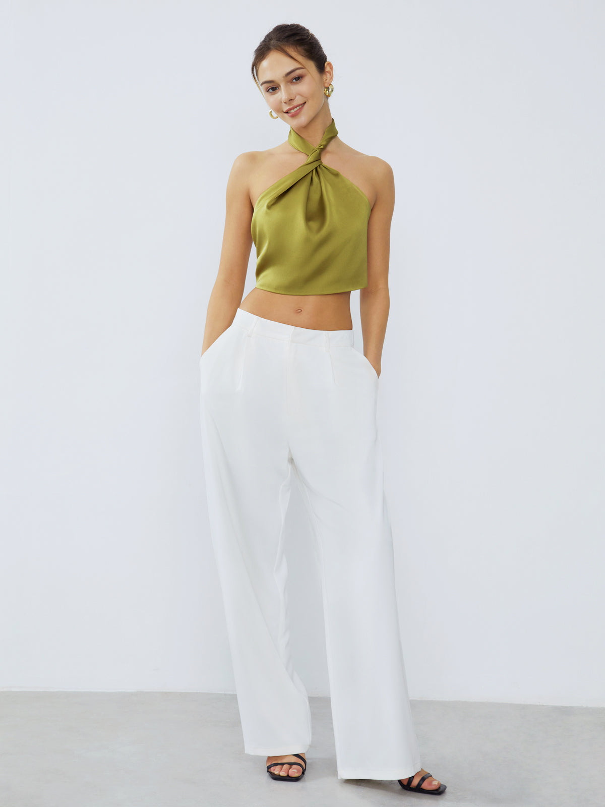 Halter Neck Vribar Åpen Rygg Sateng Crop Top