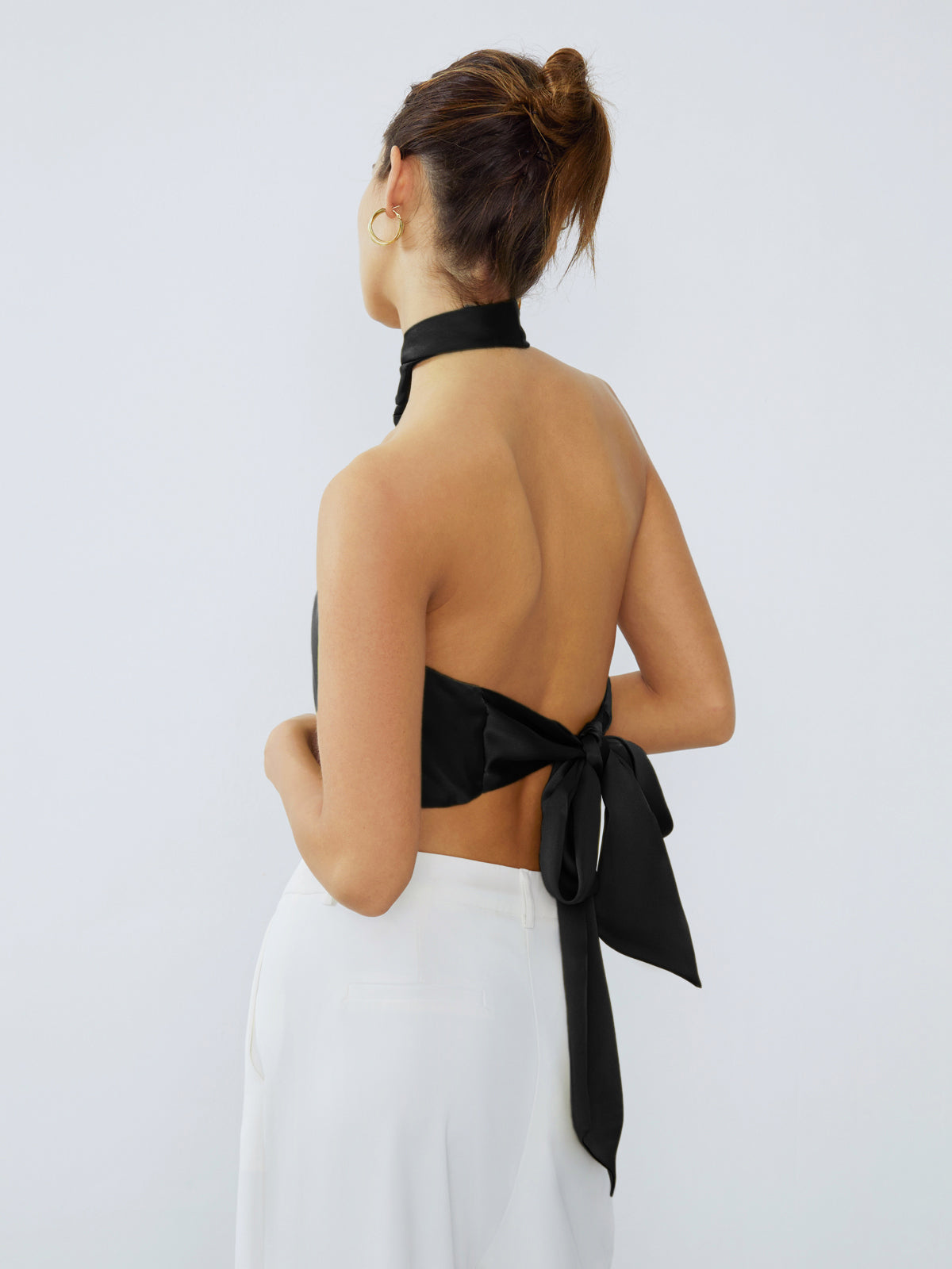 Halter Neck Vribar Åpen Rygg Sateng Crop Top