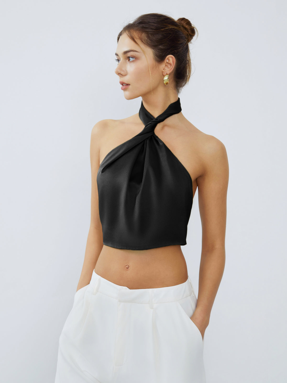 Halter Neck Vribar Åpen Rygg Sateng Crop Top