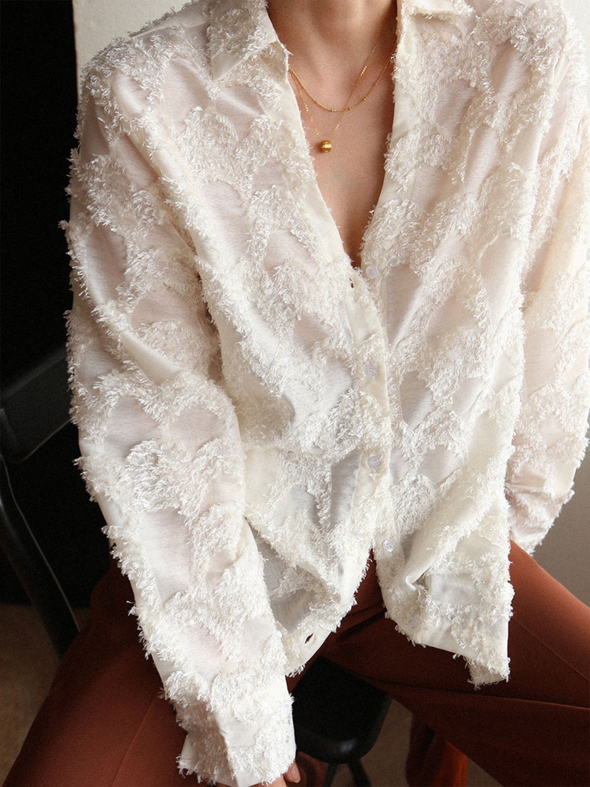 Semi-Sheer Jacquard Floral Collared Shirt