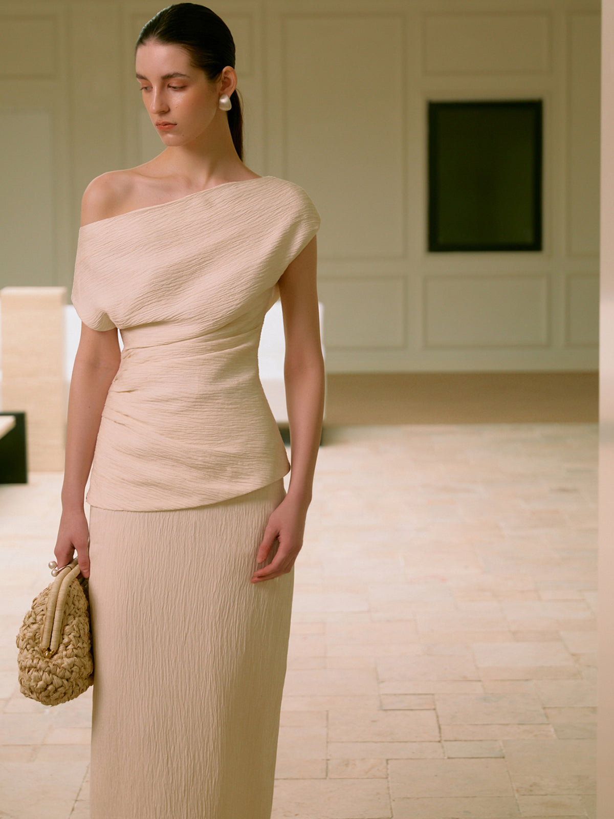 Asymmetrical Neck One Shoulder Off Pleated T-Shirt