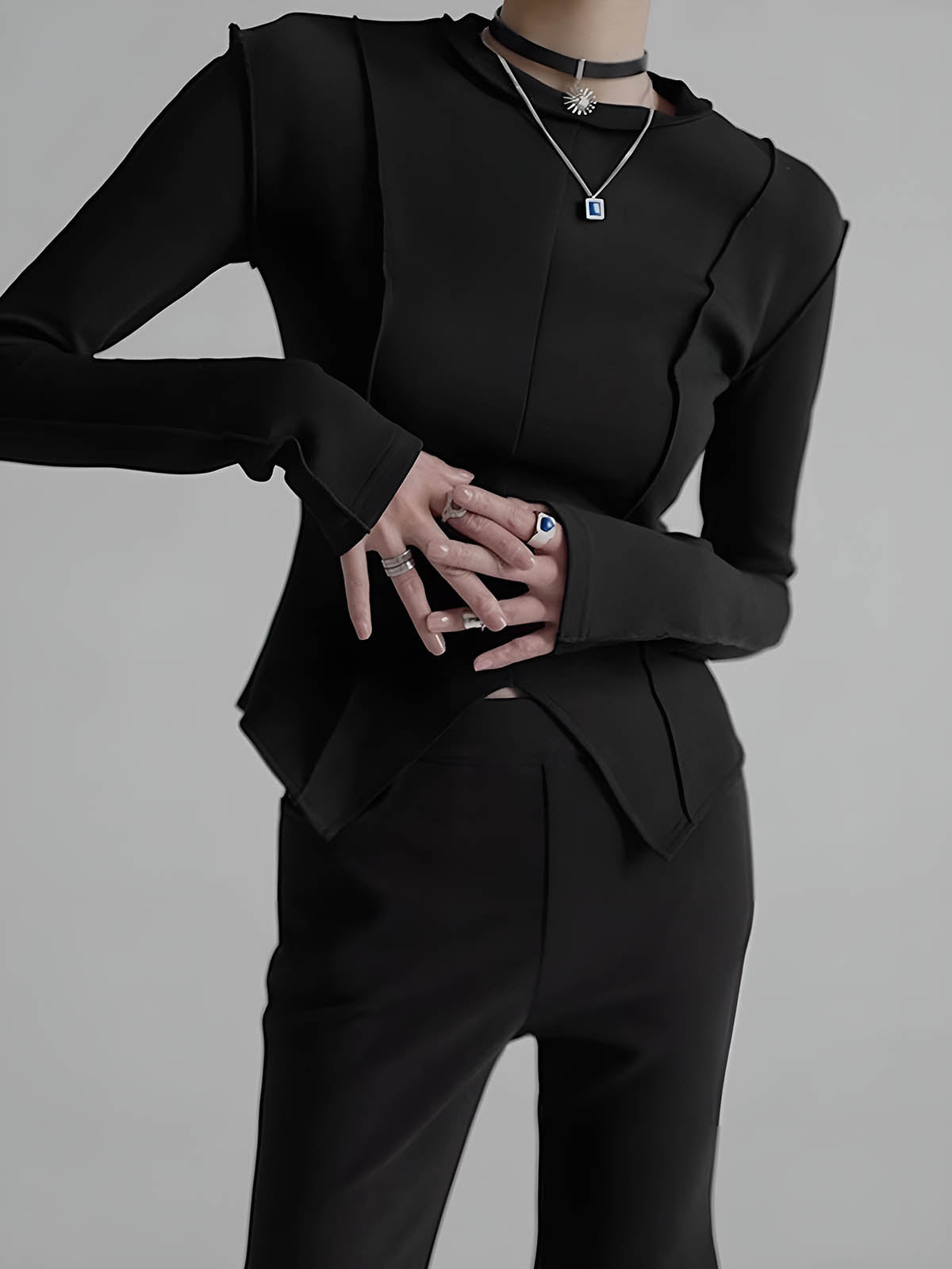 Slimmad jerseyblus med passpoal