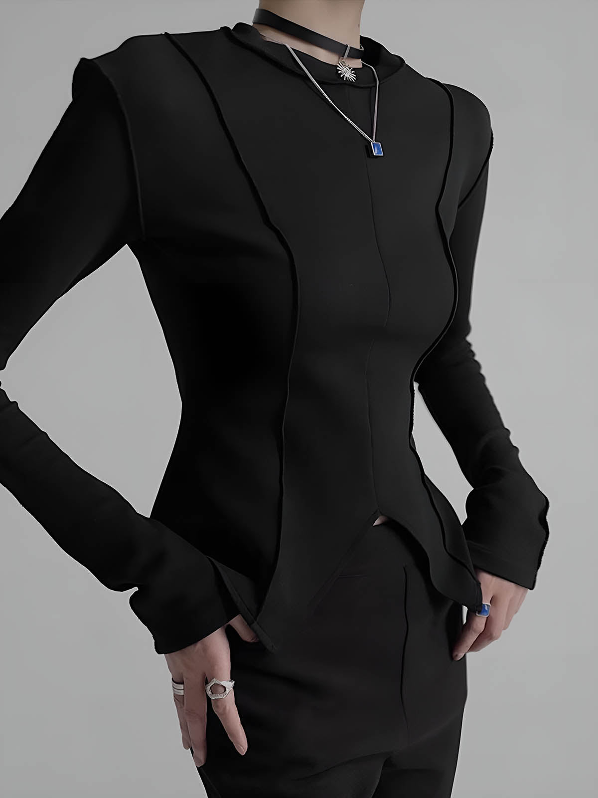 Slimmad jerseyblus med passpoal