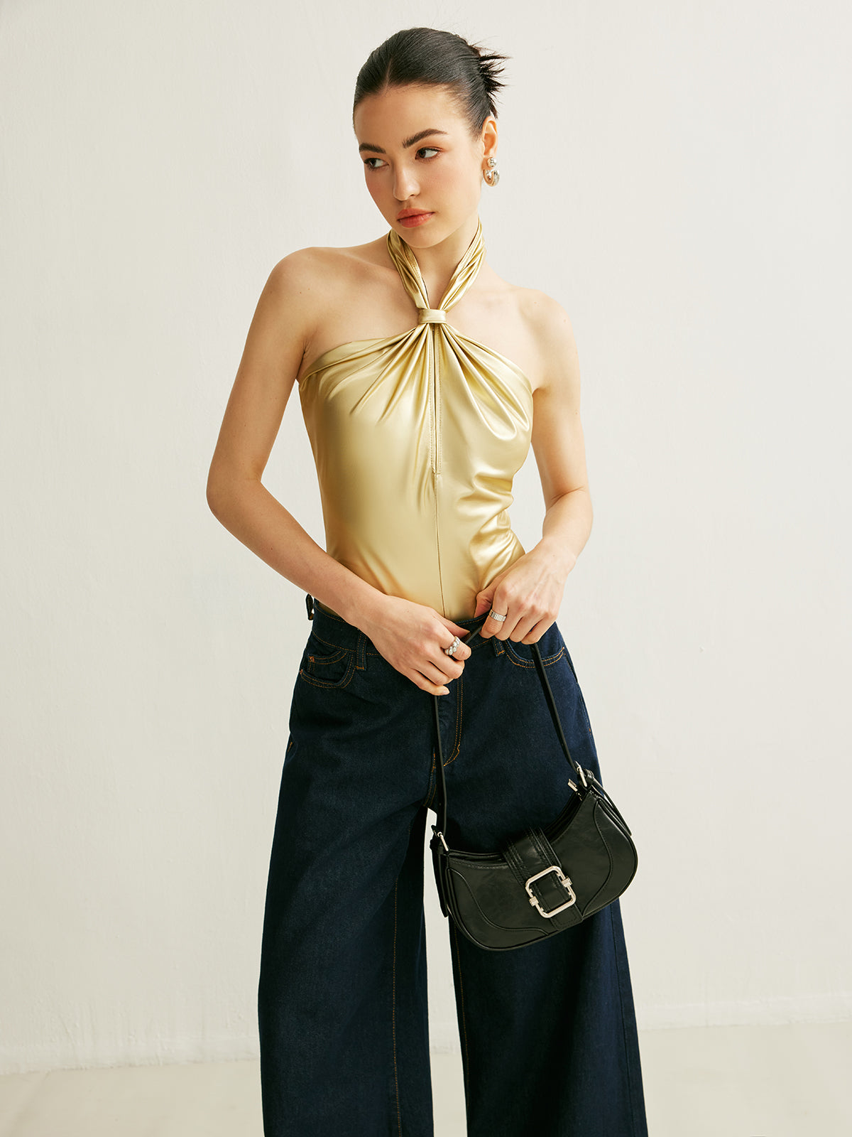 PU Cross-Back Halter Bodysuit