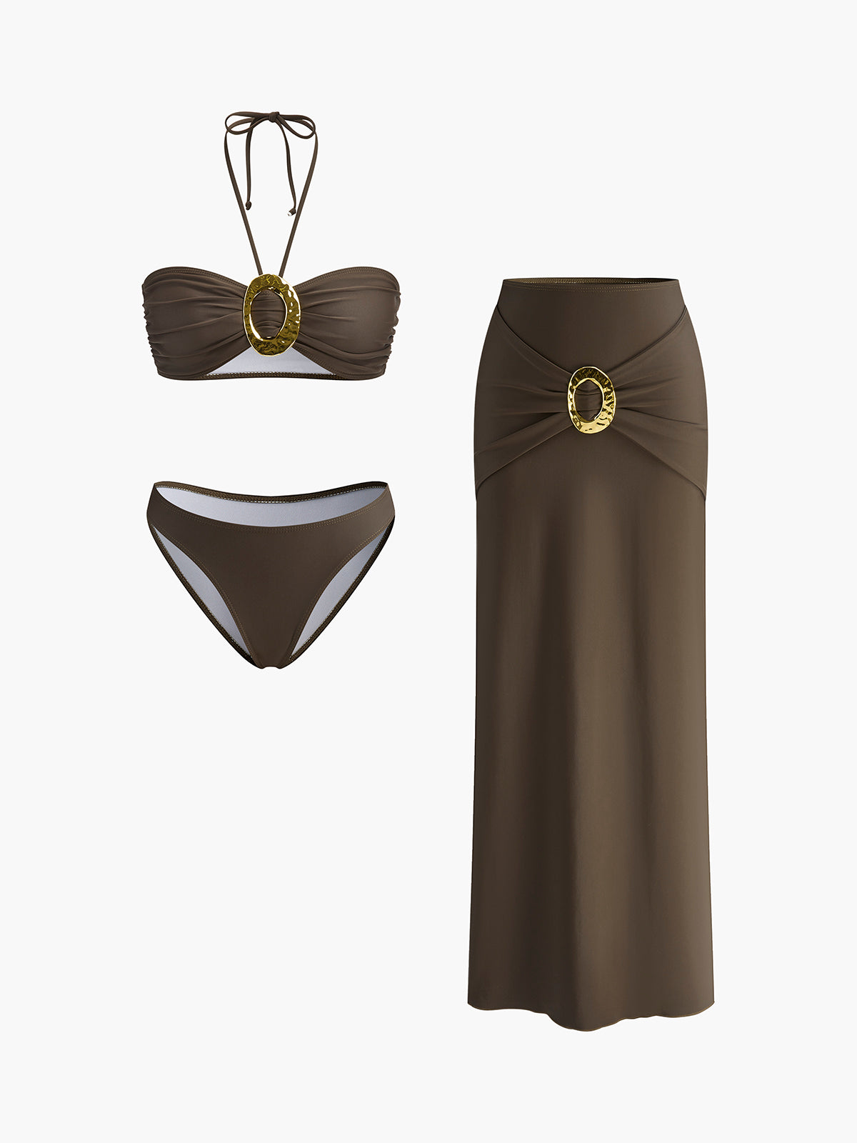 Oval ringdetalj bandeau-bikinisett med drapert skjørt