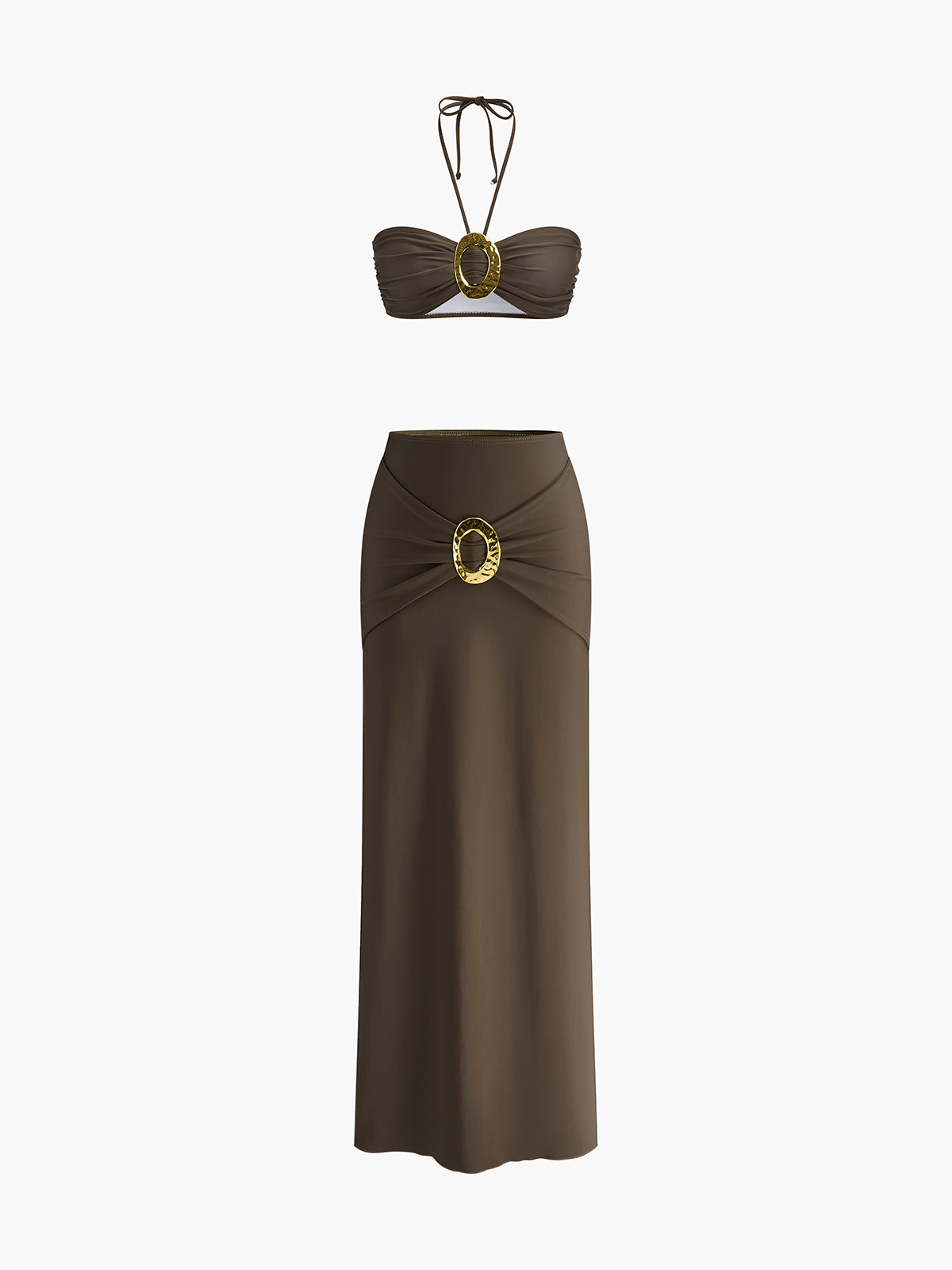 Oval ringdetalj bandeau-bikinisett med drapert skjørt