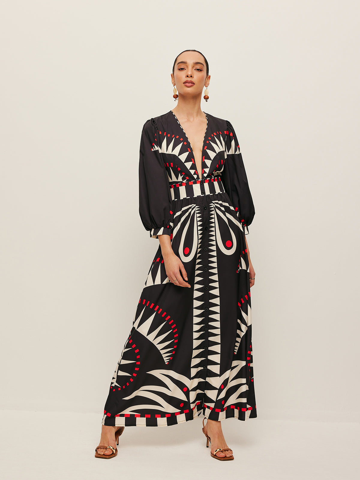 Boho Print V-hals Kjole med Splitt