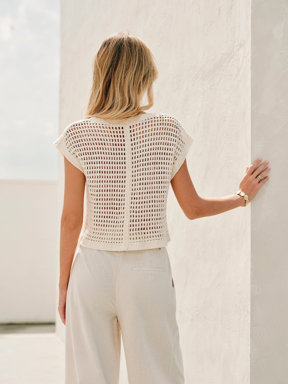 Semi-Sheer Jacquard Cut-Out V-Neck Tank Top
