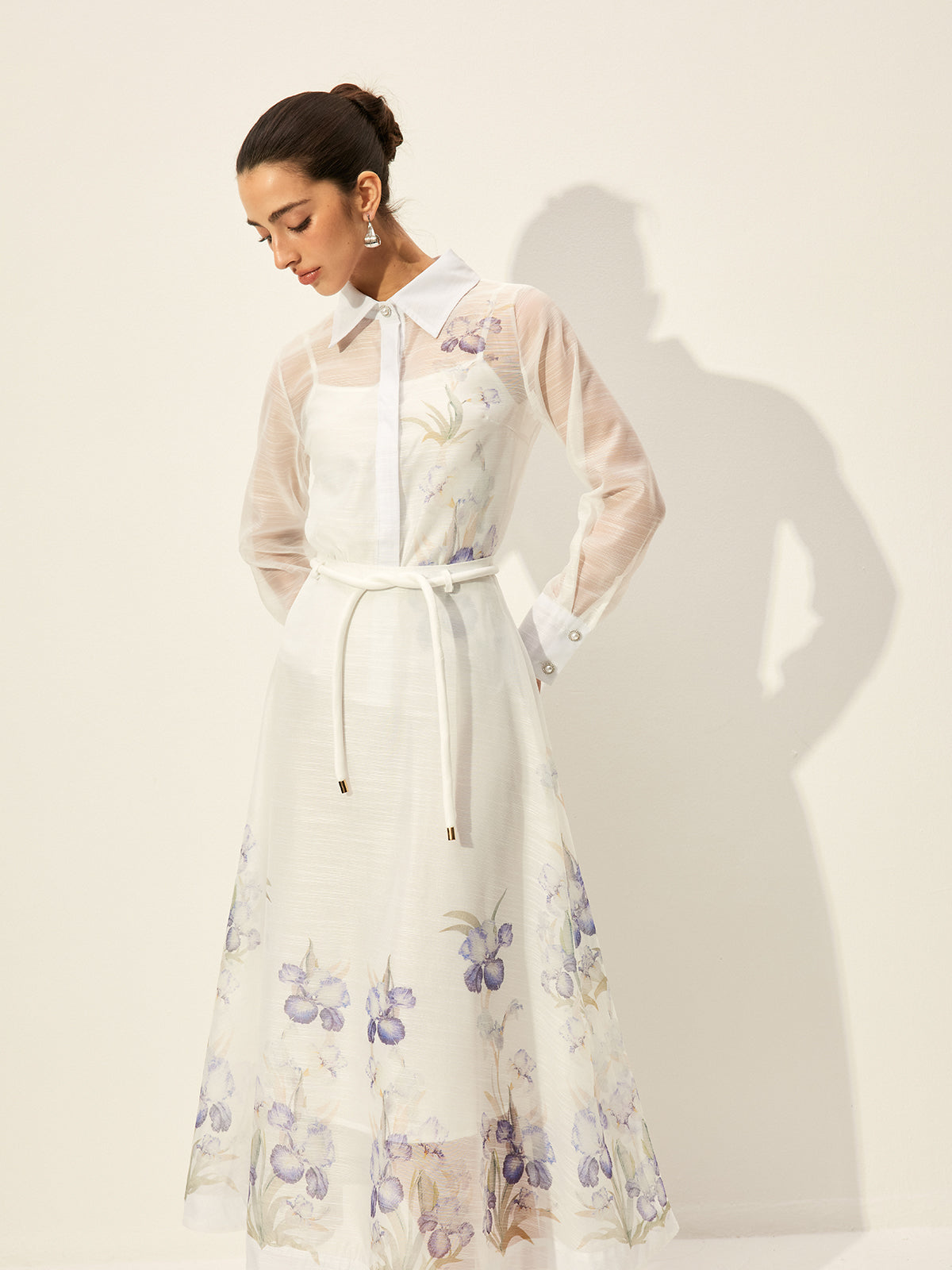 Floral Semi-Sheer Skirt Set With Waist Tie