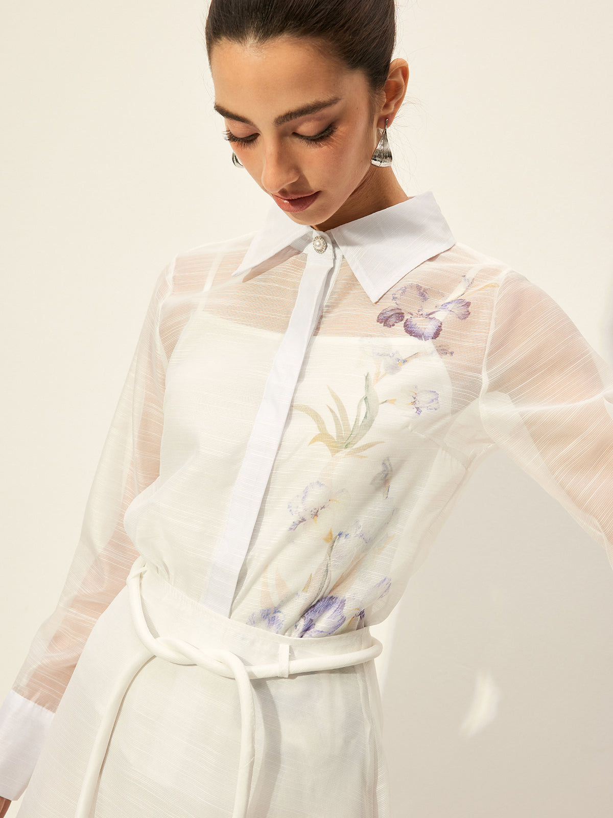 Floral Semi-Sheer Skirt Set With Waist Tie