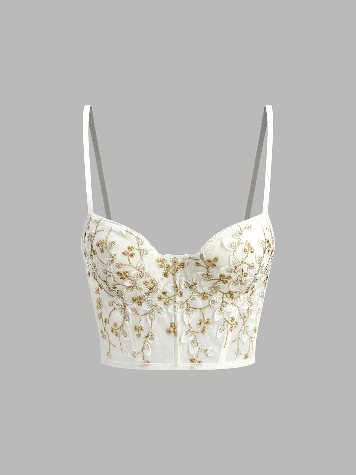 Blommig, halvtransparent mesh-spets-kort korsetttopp
