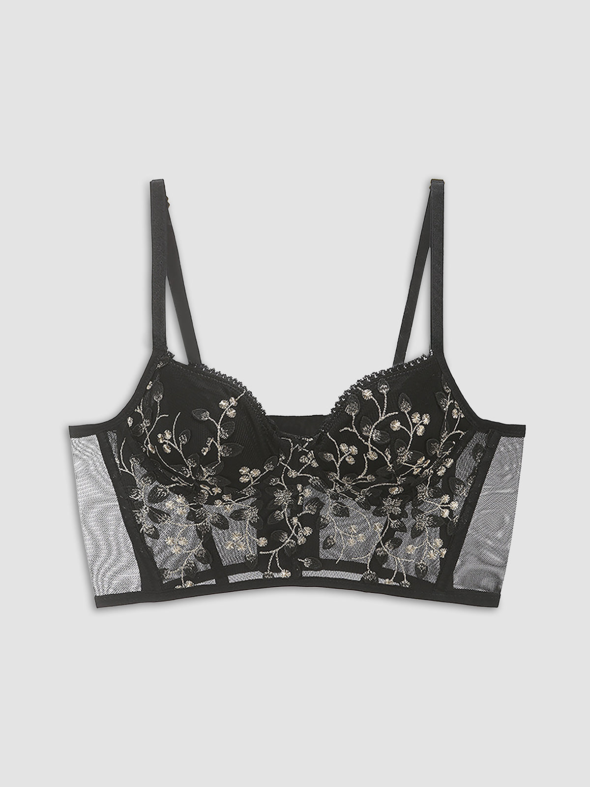 Blommig, halvtransparent mesh-spets-kort korsetttopp