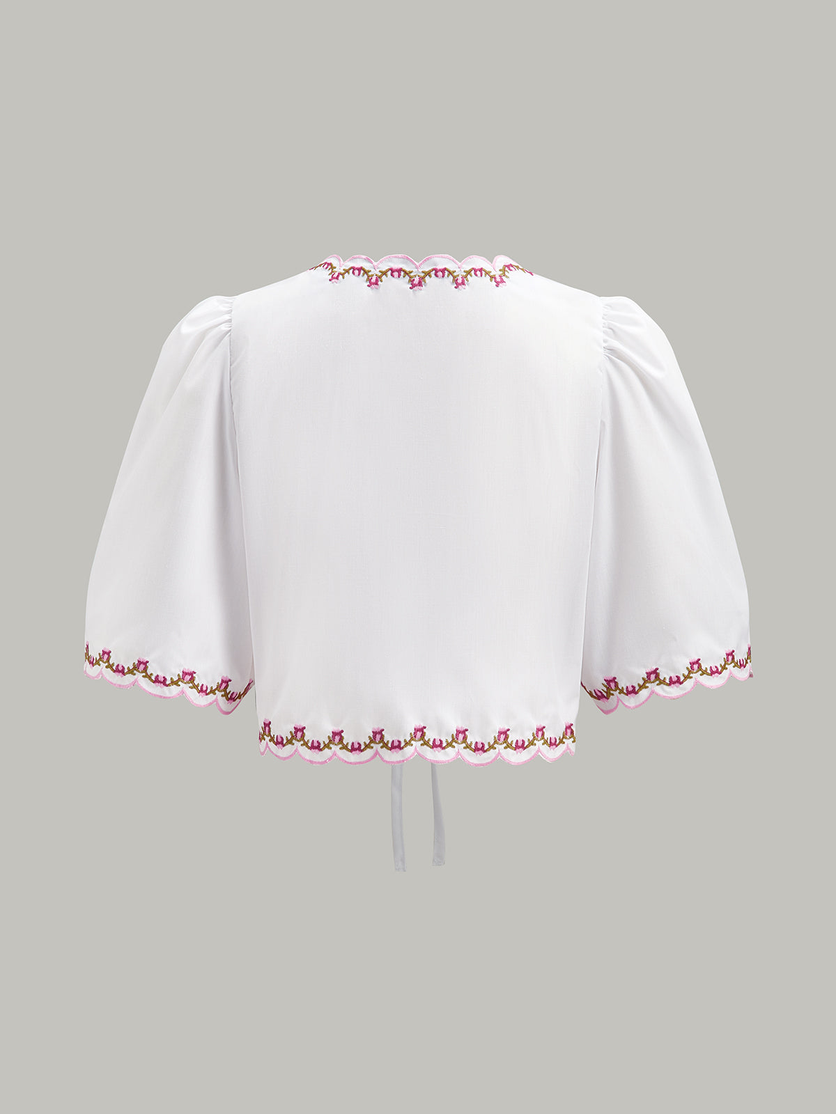 Embroidered Scallop Trim Puff Sleeve Bow Blouse