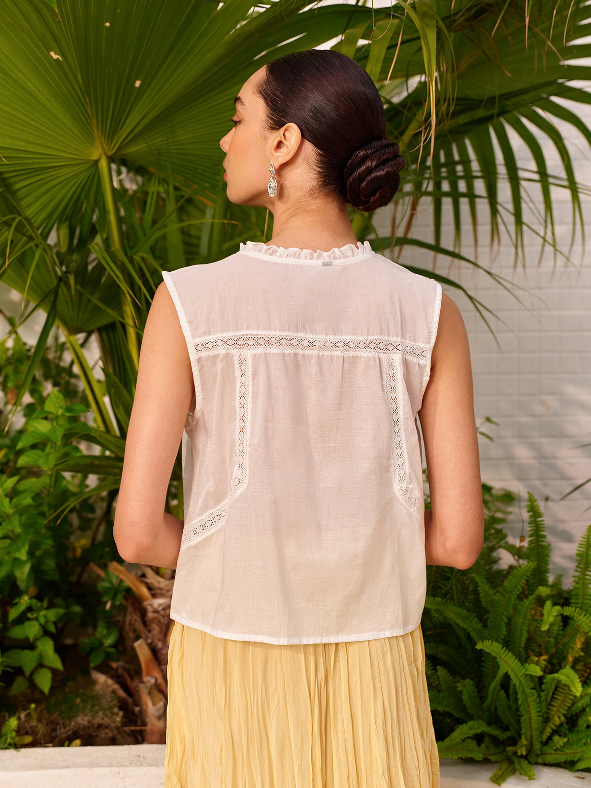 Semi-Sheer Embroidered Lace Tie Blouse