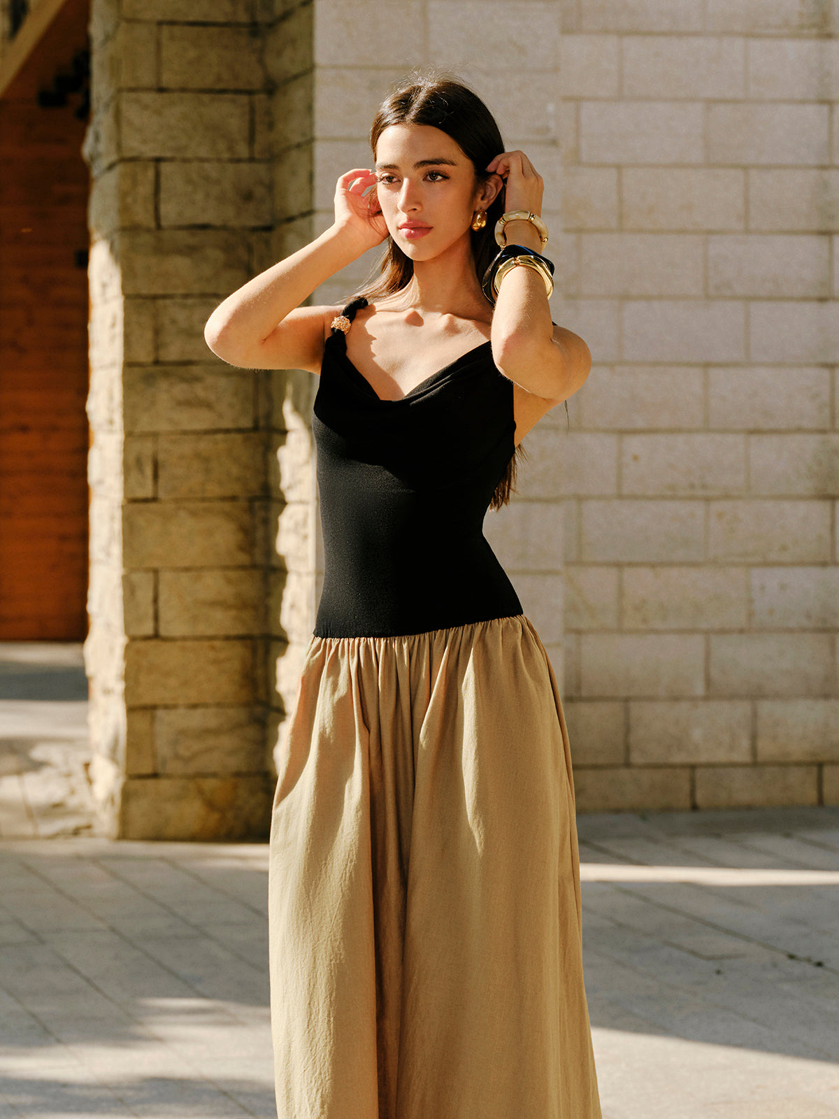 Linen & Cotton Panel Cowl Neck Metal Detail Sleeveless Dress