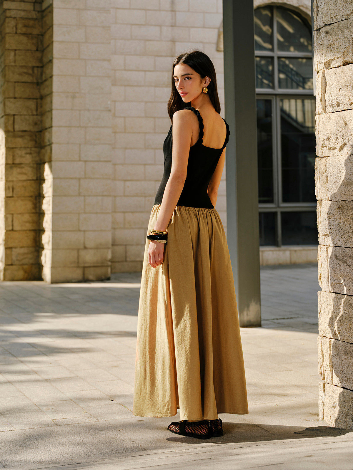 Linen & Cotton Panel Cowl Neck Metal Detail Sleeveless Dress