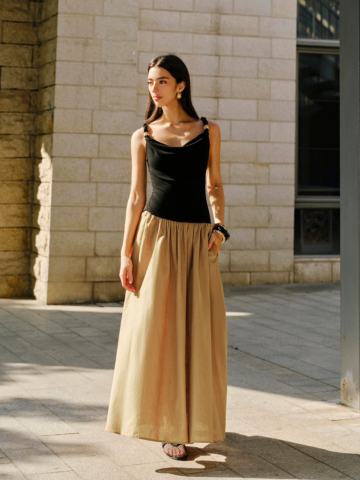 Linen & Cotton Panel Cowl Neck Metal Detail Sleeveless Dress