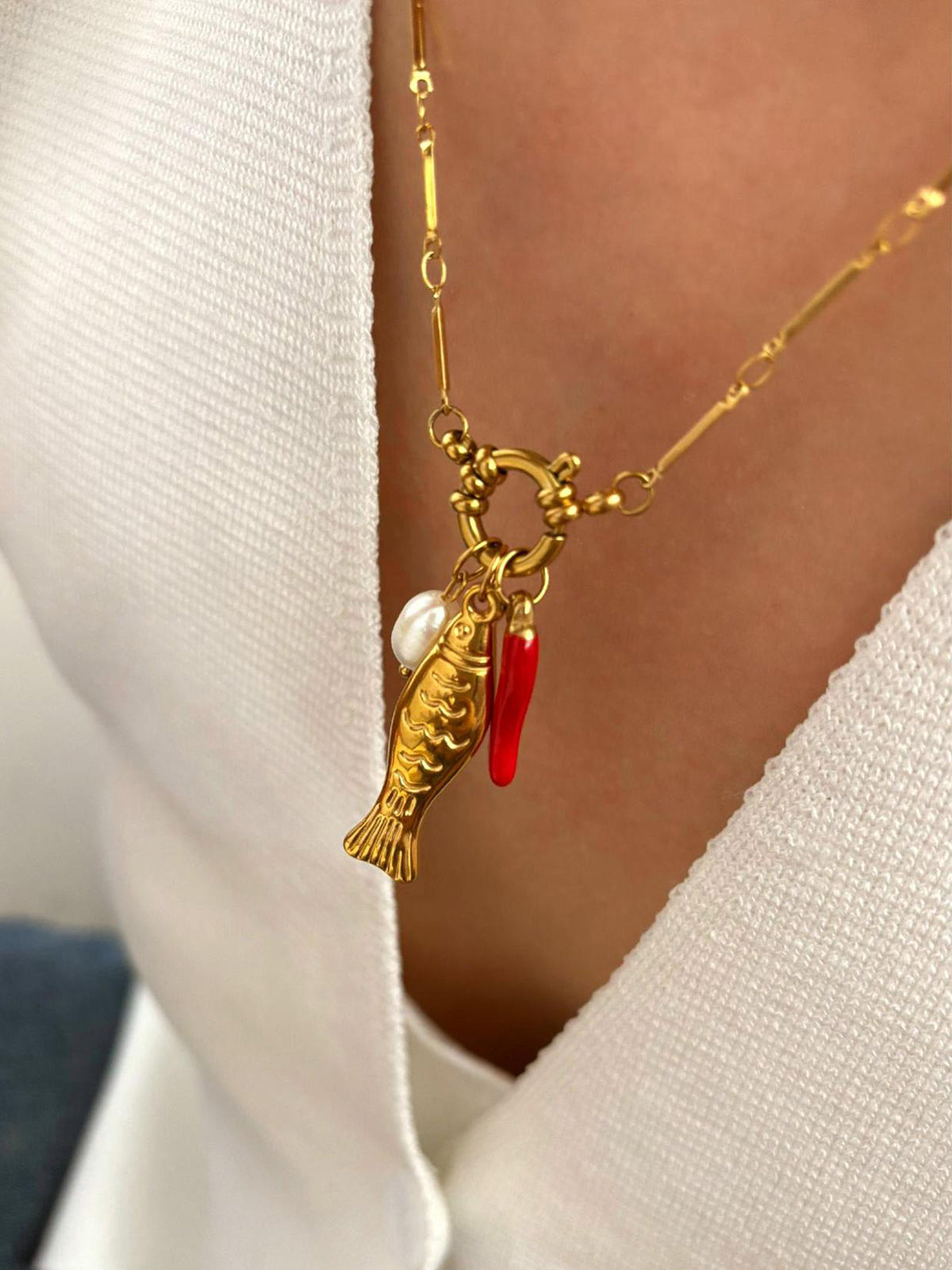 Fish & Chili Pendant Link Chain Necklace