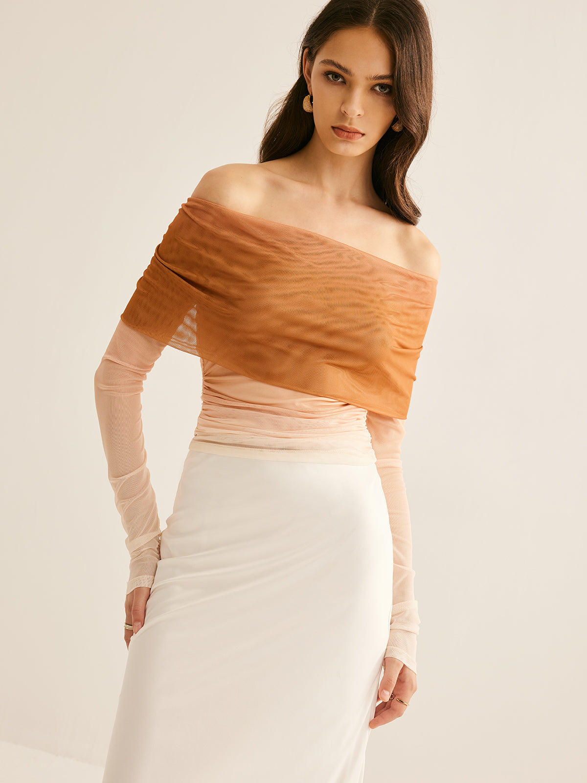 Semi-Sheer Off-Shoulder Mesh Gradient Blouse