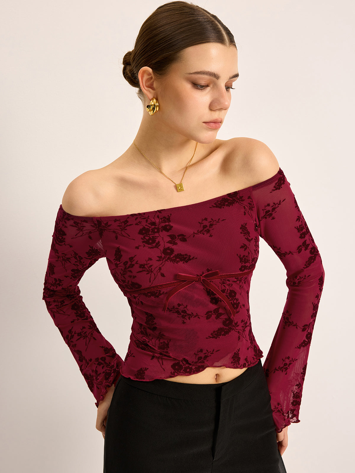 Off-Shoulder Floral Print Semi-Sheer T-Shirt