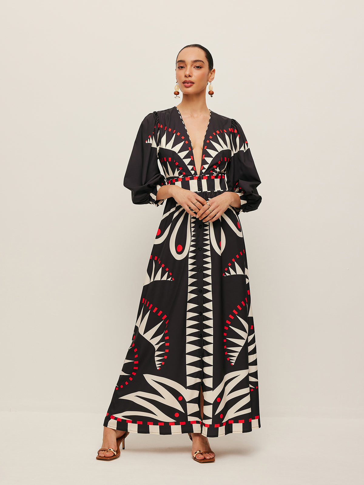 Boho Print V-hals Kjole med Splitt