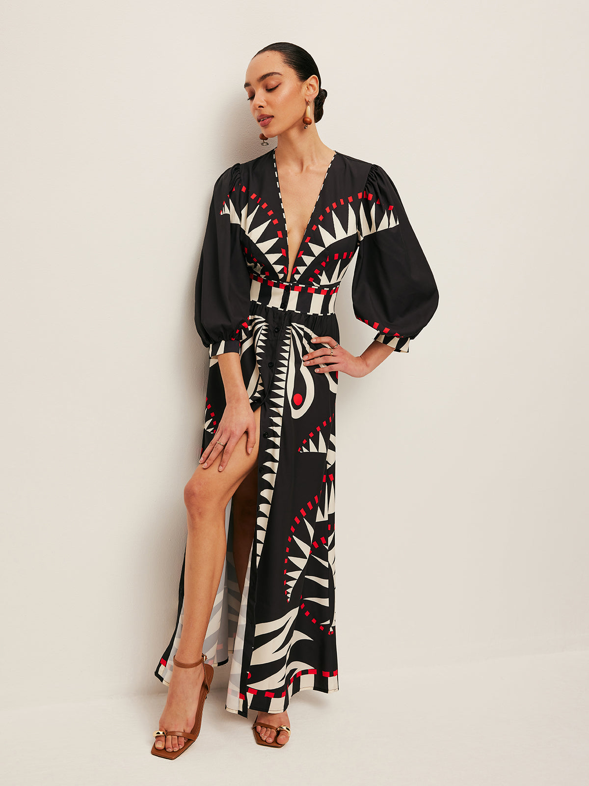 Boho Print V-hals Kjole med Splitt