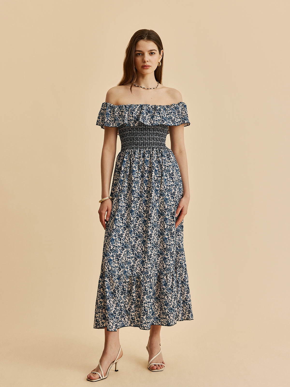 Boho Smocked Off-Shoulder Ruffle Floral Dress