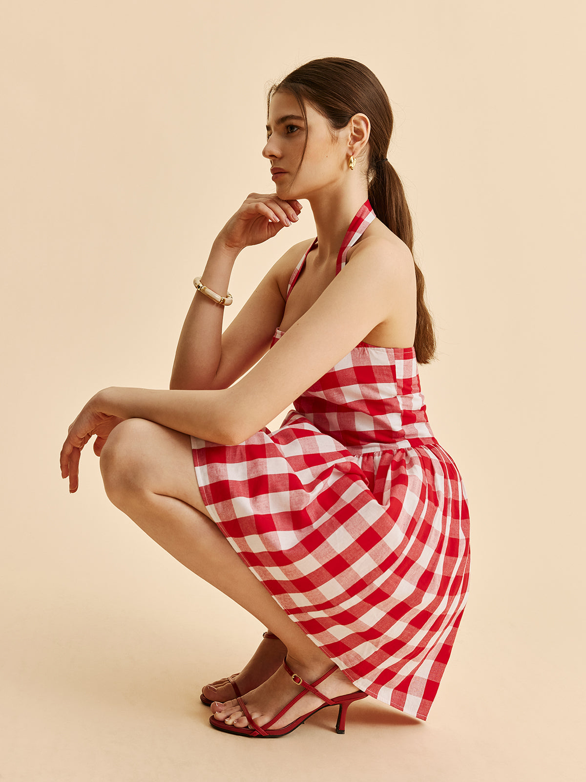 Rutete Halter Flare Kjole 