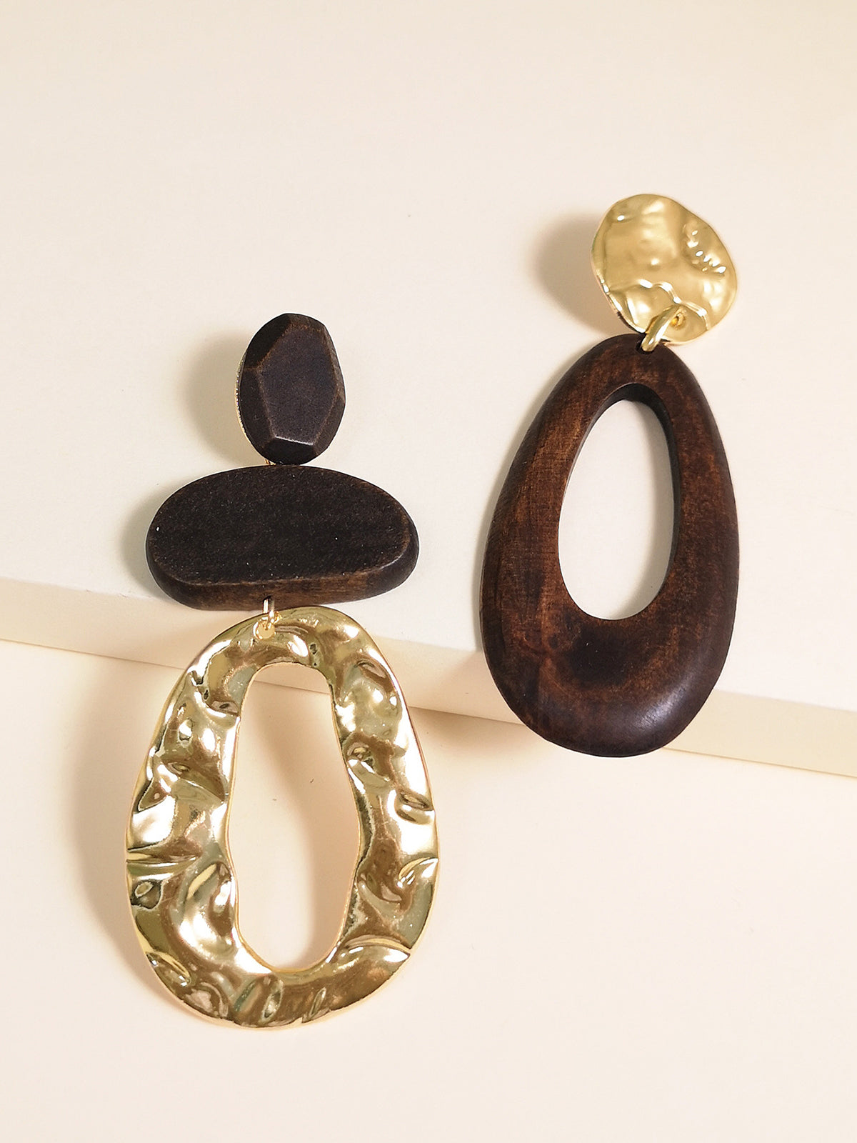 Asymmetrical Wood & Metal Drop Earrings