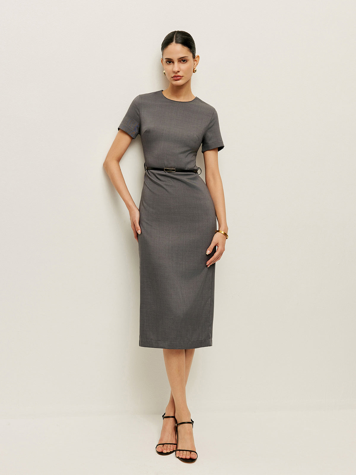Belted Short Sleeve Pencil Dress