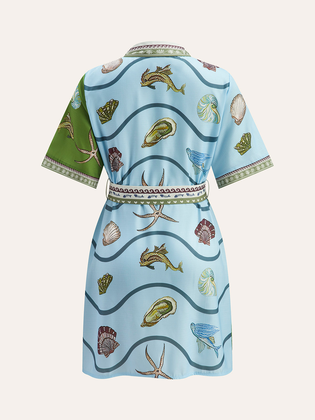 Button-Down Collar Aquatic-Print With Belt
