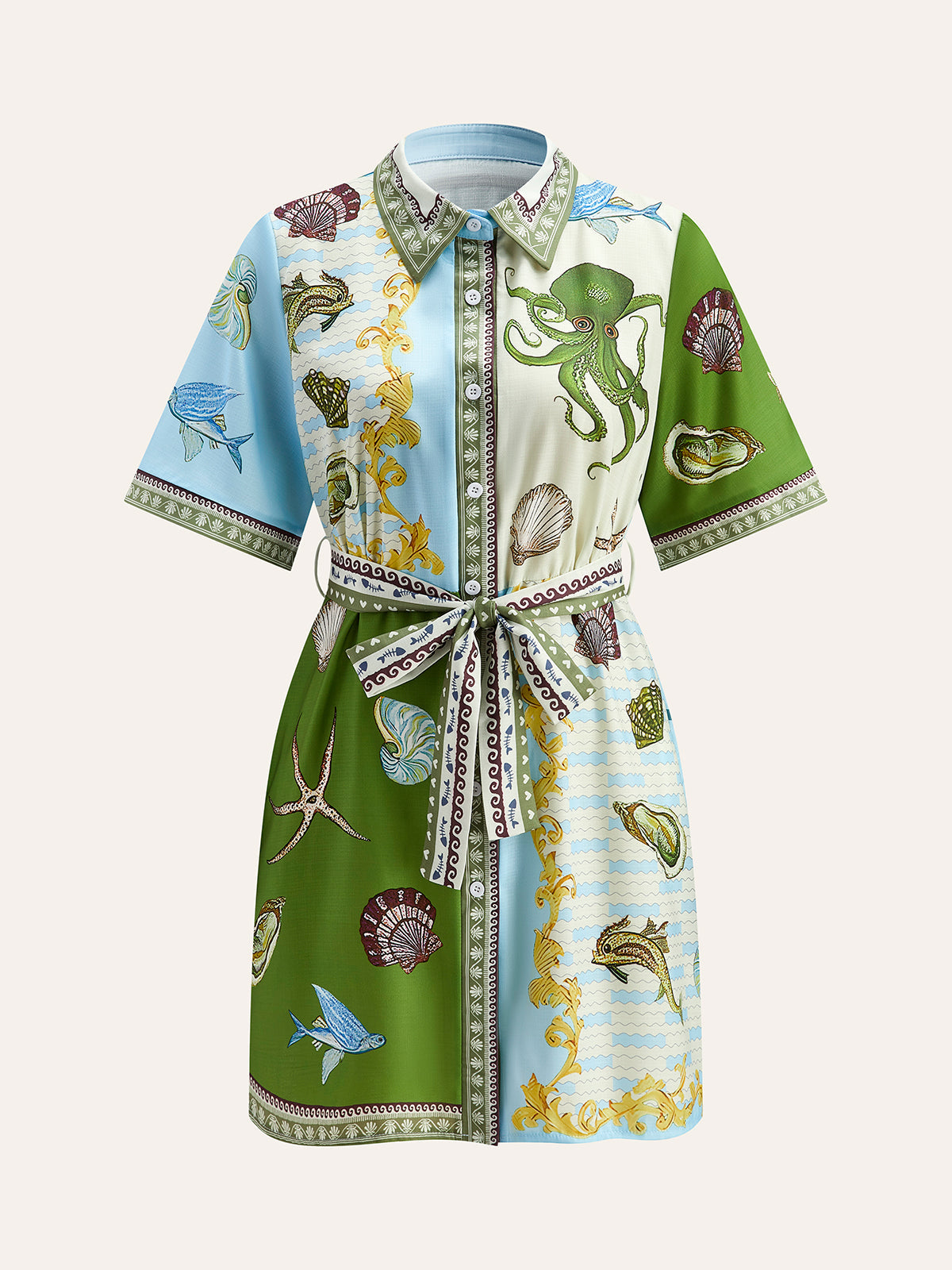 Button-Down Collar Aquatic-Print With Belt