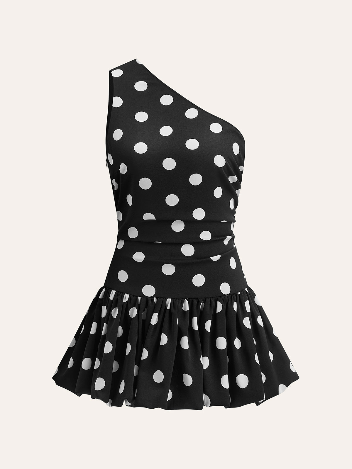 Kjole med én skulder og prikker i peplum 