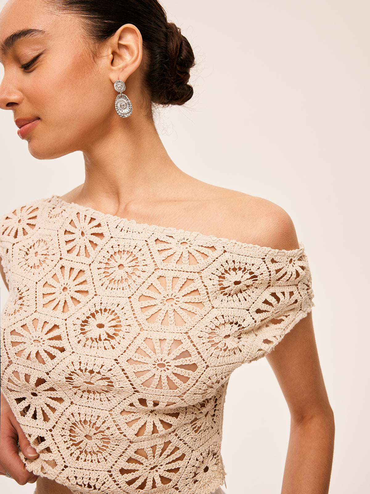 Asymmetrical Off-Shoulder Semi-Sheer Crochet Top