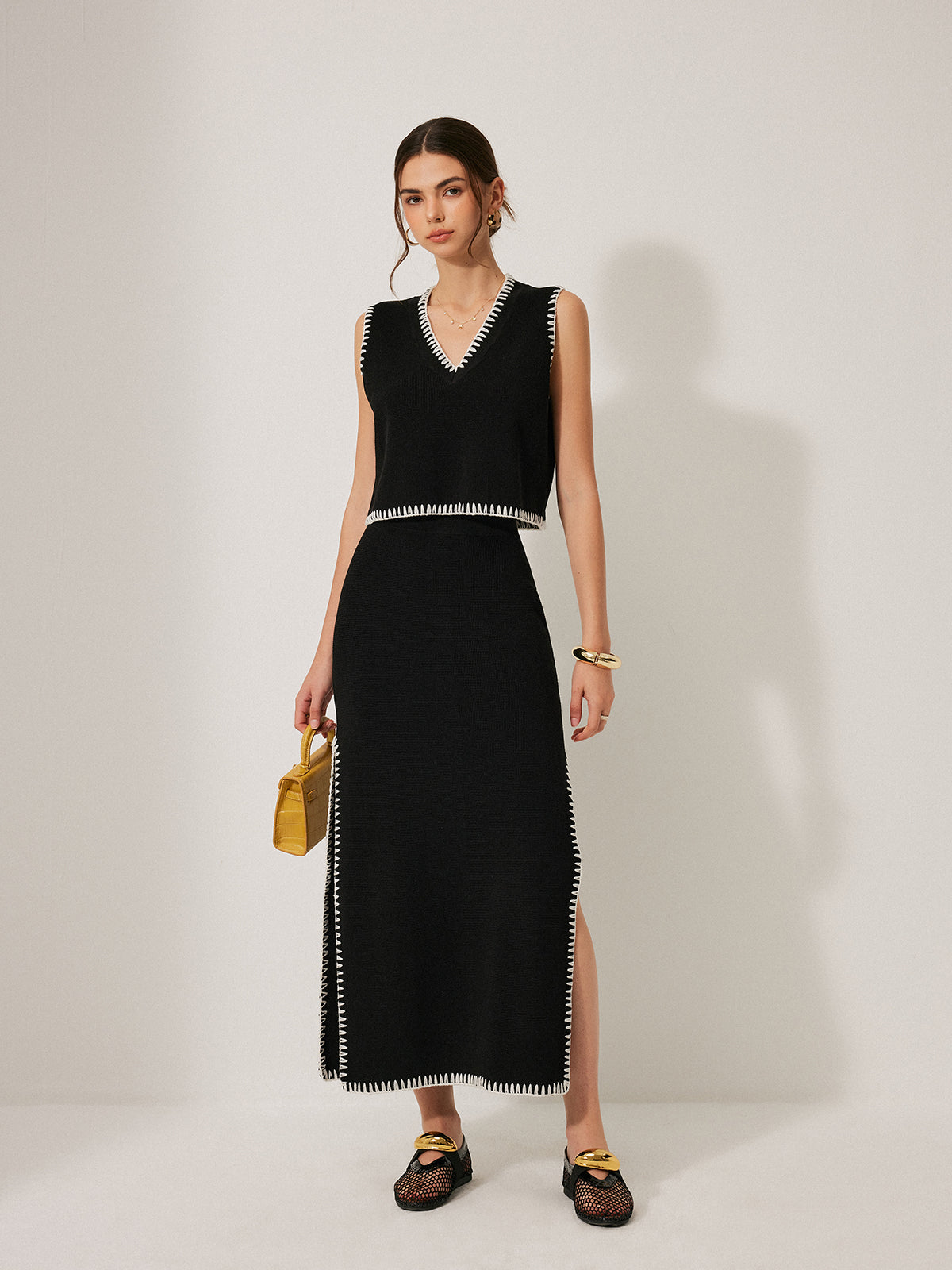 Contrast Trim Knit Tank Top With Skirt Set
