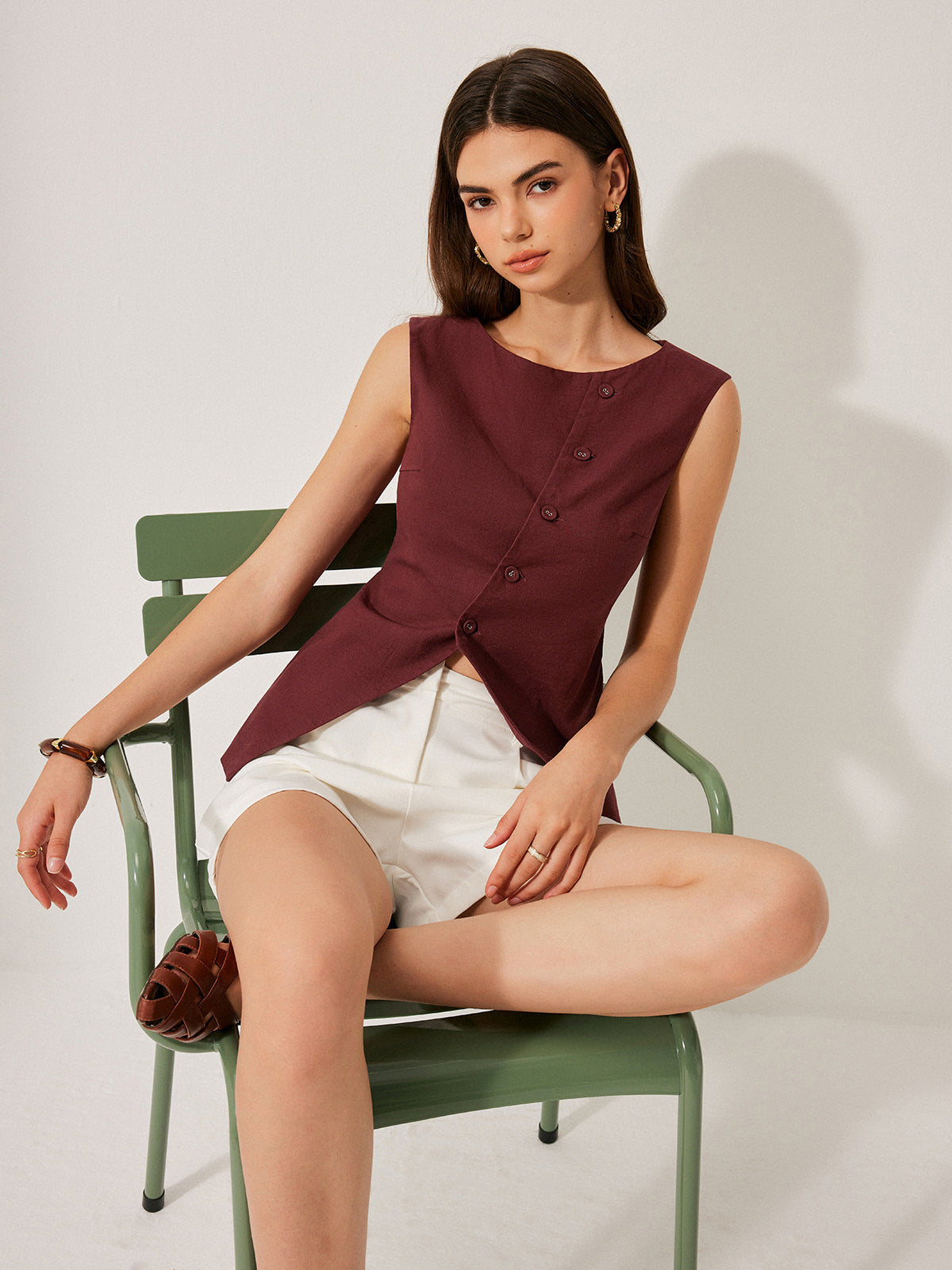 Cotton & Linen Button Detail Top