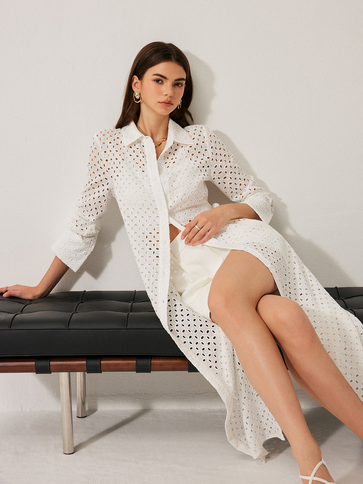 Cotton Hollow Panel Tie Back Lapel Dress