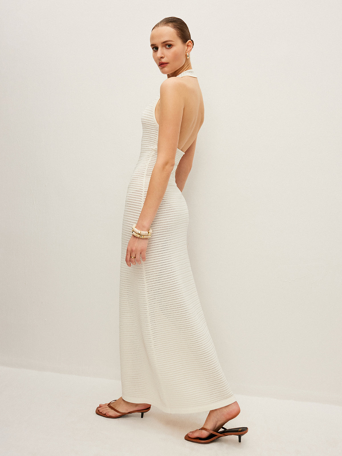 Semi-Sheer Knit Backless Dress