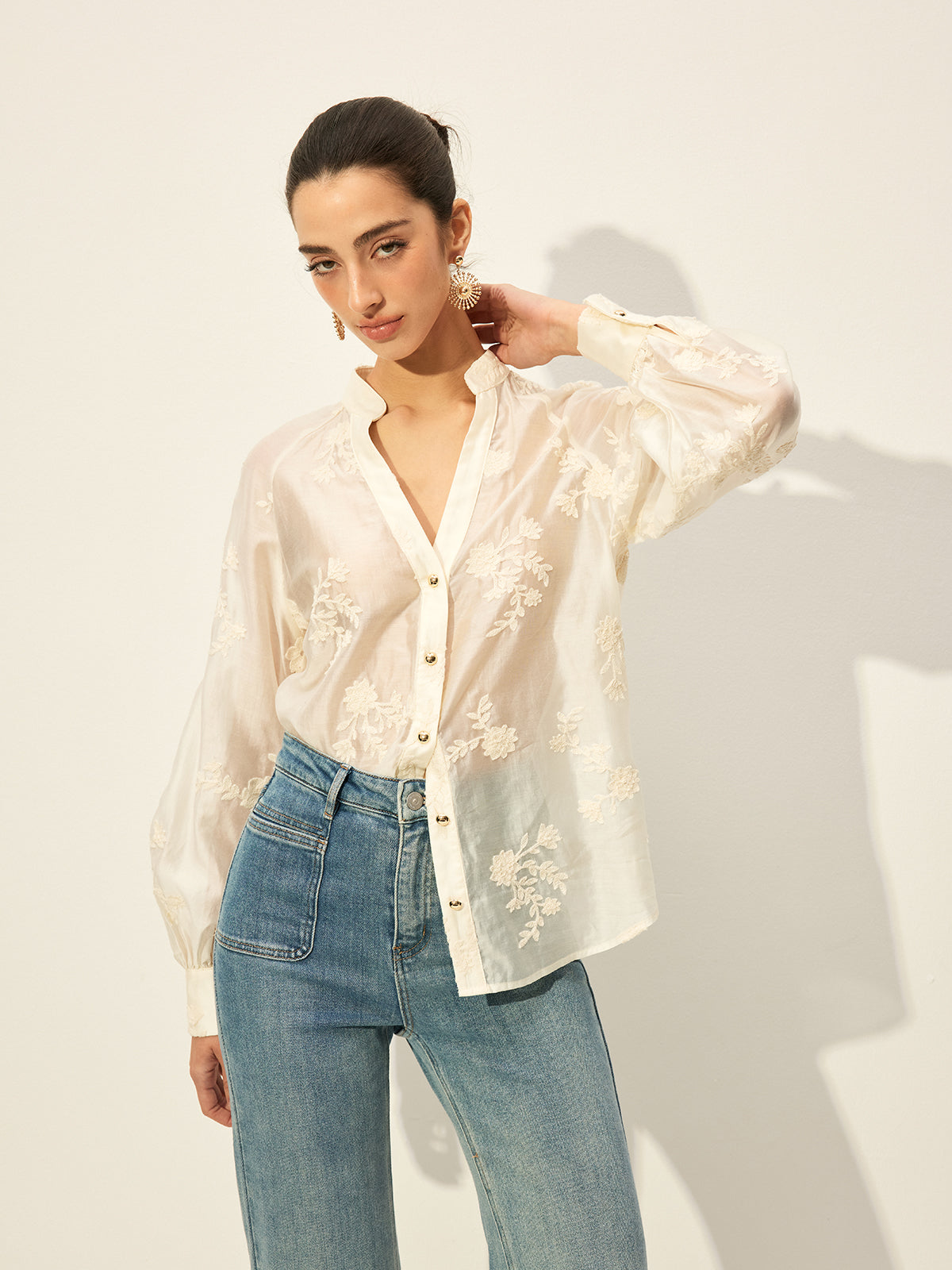 Semi-Sheer Embroidered Button-Front Blouse