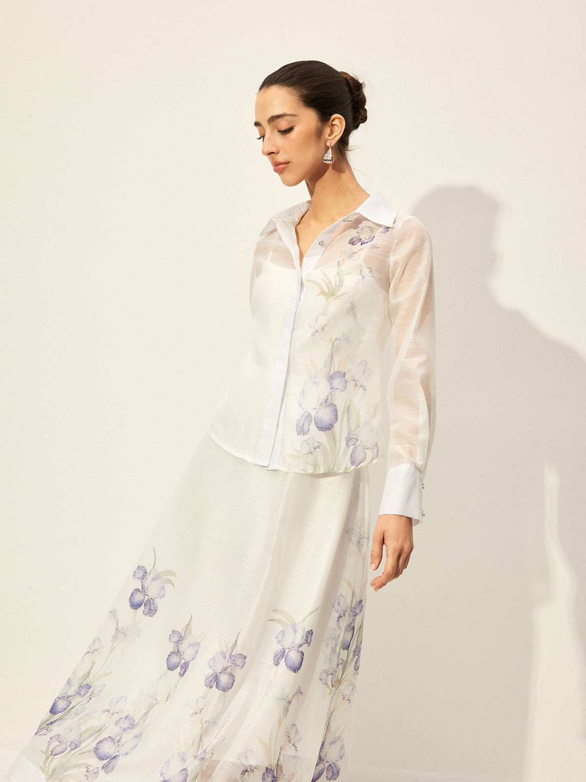 Floral Semi-Sheer Skirt Set With Waist Tie
