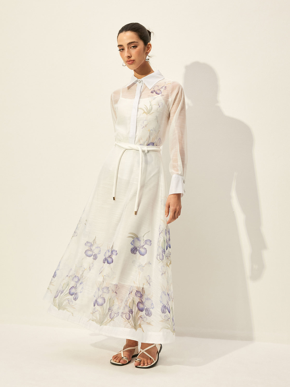 Floral Semi-Sheer Skirt Set With Waist Tie