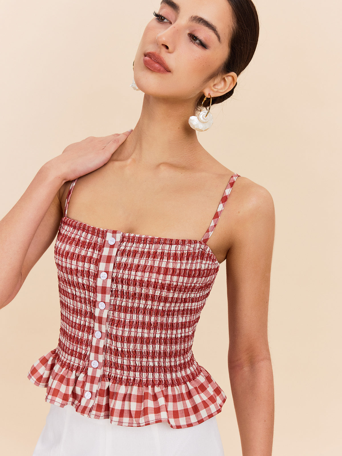 Gingham Smocked Peplum Cami Top