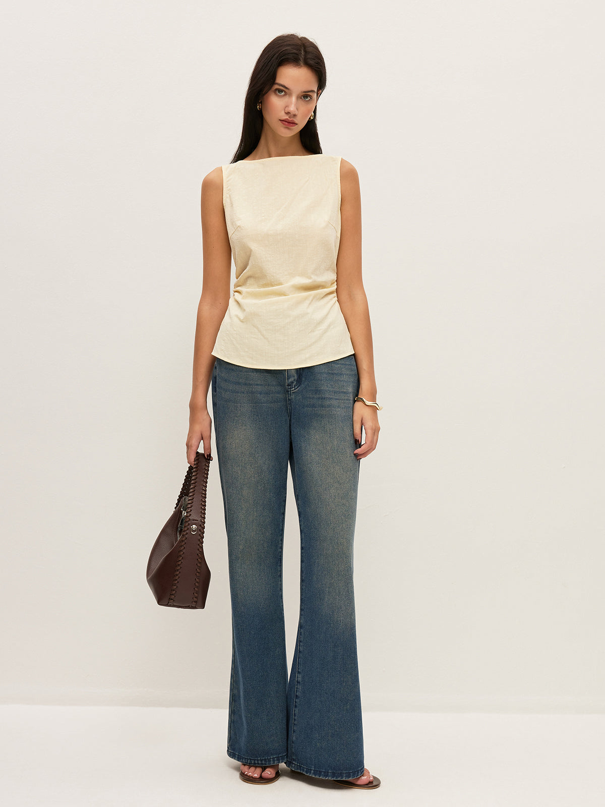 Cotton Solid Boat Neck Ruched Waist Sleeveless Blouse
