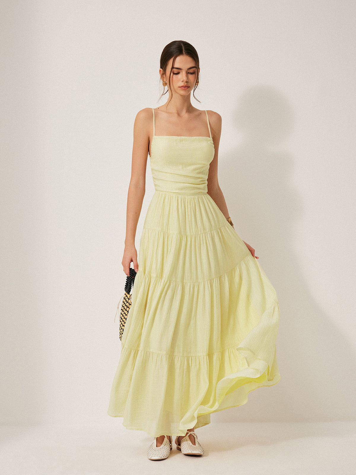 Pleated Backless Tiered Cami Dress